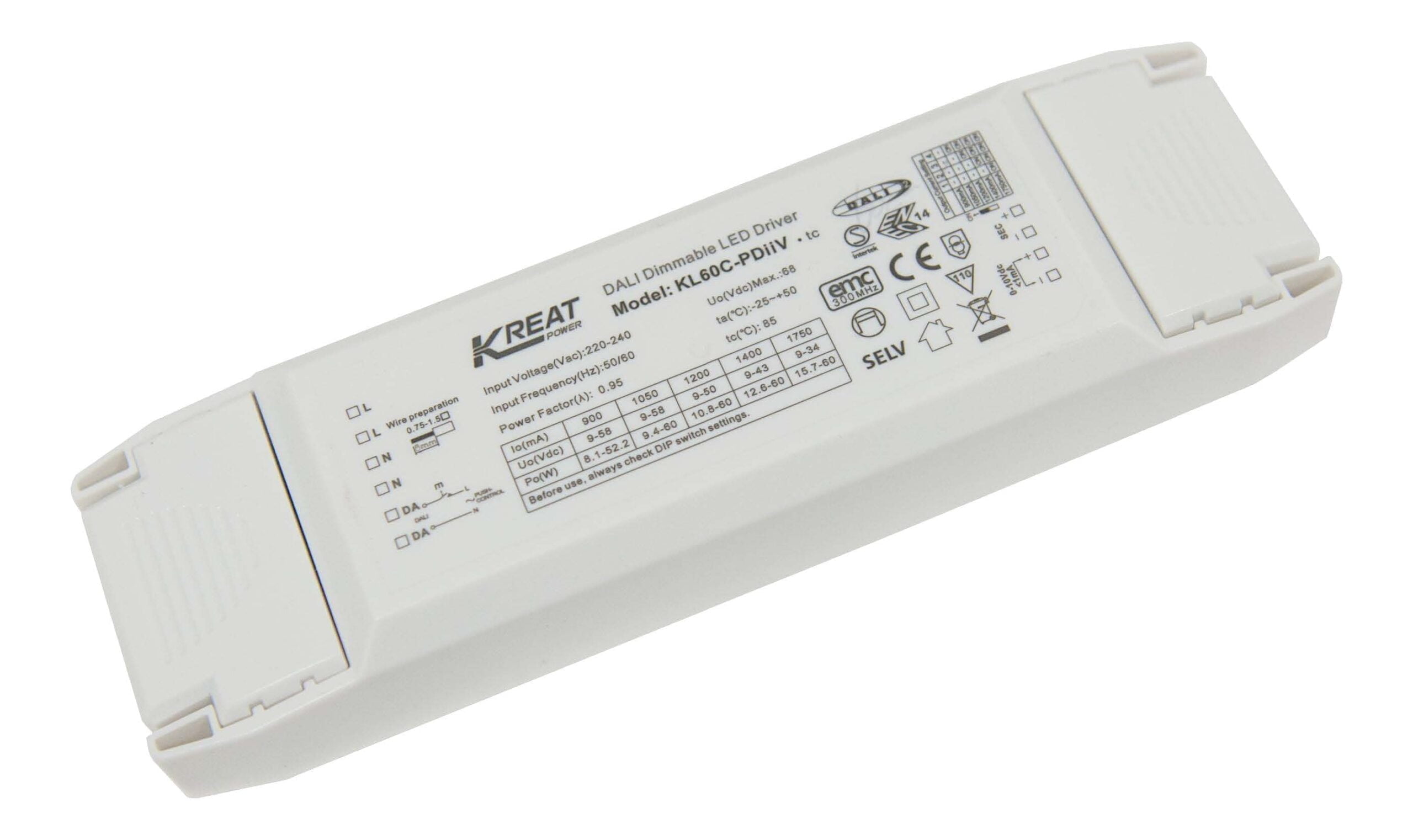 Kreat Power / Merrytek 60W 900-1750mA Constant Current Dali & 0-10V Dimmable LED Driver